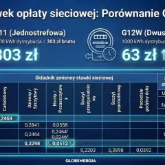 Porównanie taryfy G11 (303 zł) i G12w (63 zł) za 1000 kWh dystrybucji. Tabela stawek opłat sieciowych.