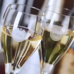 Zwei Gläser mit Champagner, die verschiedene Champagner-Sorten repräsentieren. Bläschen steigen auf.