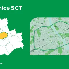 Mapa Warszawy z zaznaczoną żółtą obwódką, która wyznacza granice SCT – Strefy Czystego Transportu.