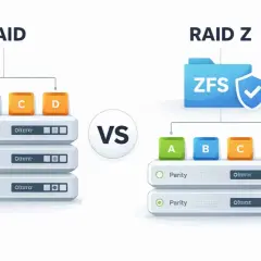 Porównanie tradycyjnego RAID z RAID Z, gdzie dane A, B, C, D są rozłożone na dyskach z parzystością. SSD RAID w akcji.