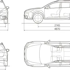 Rysunki techniczne Subaru Outback z wymiarami: wysokość 1675 mm, szerokość 1875 mm, długość 4870 mm, rozstaw osi 2745 mm, szerokość tyłu 1600 mm.