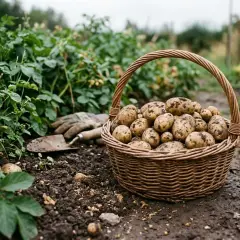 Frisch geerntete Kartoffeln in einem Korb neben einer Schaufel und Handschuhen. Die Frage "kartoffeln pflanzen wie tief" beschäftigt Gärtner.
