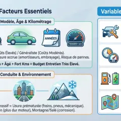 Infographie sur les facteurs influençant le tarif entretien gpl : modèle, âge, kilométrage, conduite et environnement.