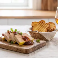 Tranches de foie gras mi cuit ou entier, garnies de confiture de figues et de pousses vertes, servies avec des toasts grillés et un verre de vin blanc.