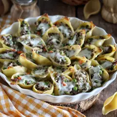 Conchiglioni à la sicilienne, pâtes farcies à la viande et aux petits pois, gratinées au fromage fondant dans un plat blanc.
