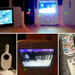 Flera babyvakter, både med och utan skärm, samt tillhörande kameror. En babyvakt batteridriven ger trygghet.