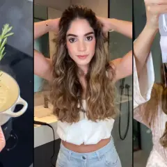 Preparación de agua de romero para el pelo: hierbas en agua hirviendo, mujer con cabello largo y rizado, y aplicación de líquido con peine.