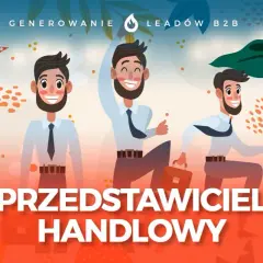 Trzech uśmiechniętych przedstawicieli handlowych w garniturach, gotowych do działania. Jeden z nich podnosi rękę w geście triumfu, drugi biegnie z teczką, a trzeci stoi pewnie.