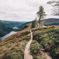 Sentier en bois serpentant sur une colline verdoyante, dominant un lac bleu profond et des montagnes dans le **gr irlande**.