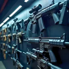 Pared oscura con varias réplicas de armas de airsoft, algunas con miras telescópicas. Un pasillo con puerta naranja al fondo.