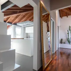 Specchio dorato e cactus per rendere luminoso un corridoio moderno con soffitto a vista in legno.