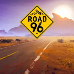Droga 96: żółty znak ostrzegawczy z górami i napisem "ROAD 96" nad pustynną drogą, z widocznym vanem i słońcem.