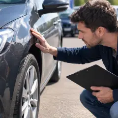 Un homme examine la carrosserie d'une voiture grise, peut-être une SP95 E10, avec un bloc-notes.