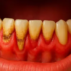 Dientes con sarro y encías inflamadas, un claro ejemplo de piorrea que es.