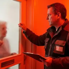 Mężczyzna puka do drzwi starszej pani, trzymając dokumenty. Uważaj na oszustów podszywających się pod pracowników Tauron, którzy chcą wymienić licznik.