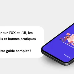 Guide sur les bonnes pratiques UX/UI pour le développement application mobile. Illustration d'une équipe travaillant sur une interface.