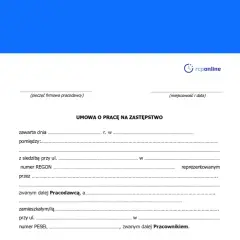 Formularz umowy o pracę na zastępstwo. Dokument zawiera pola do wpisania danych pracodawcy i pracownika, daty zawarcia umowy oraz miejsca na pieczęć firmową.