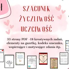 Zestaw 33 stron PDF z zadaniami, elementami na gazetkę i kodeksem szacunku, promujący szacunek, życzliwość i uczciwość.