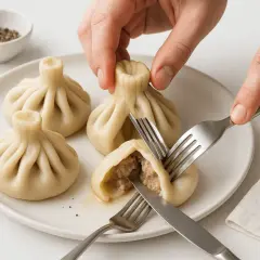 Ręce rozcinają widelcem i nożem gorące gruzińskie pierogi, odsłaniając soczyste nadzienie.