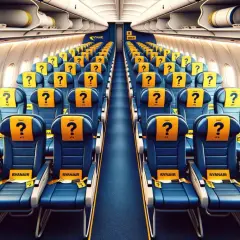 Puste siedzenia w samolocie Ryanair, z pytajnikami zamiast numerów. Jak sprawdzić miejsce w samolocie lot?