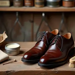 Des chaussures neuves et brillantes, prêtes à être cirées. Faut-il cirer des chaussures neuves ? La réponse est oui pour une protection optimale.