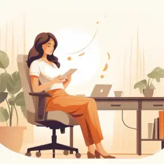 Femme assise à son bureau, regardant une tablette. Elle semble réfléchir à une lettre de démission pendant congé maternité.
