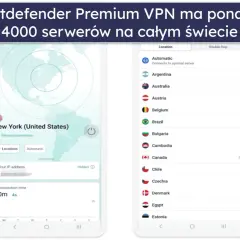 Aplikacja Bitdefender VPN pokazuje mapę świata z zaznaczonym Nowym Jorkiem i listę dostępnych lokalizacji serwerów, np. Argentyna, Australia, Austria.