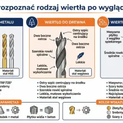 Wiertła do metalu (stożek, wąskie rowki), drewna (szpic, szerokie rowki) i betonu (płytka widia, średnie rowki). Dowiedz się, pod jakim kątem ostrzyć wiertła.