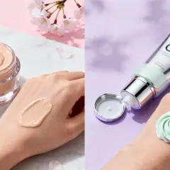 Jämförelse av bb cream vs cc cream: en beige kräm på handen bredvid en burk, och en mintgrön kräm på handen bredvid en tub.