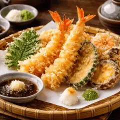 Krispig tempura med räkor, grönsaker och svamp, perfekt täckt av gyllene tempura smet. Serveras med dippsås och tillbehör.