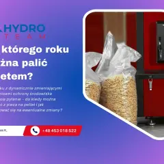 Pytanie: do kiedy można palić pelletem? Grafika przedstawia worki z pelletem i kocioł.