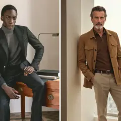 Deux hommes incarnent le style casual chic. L'un porte un costume gris anthracite avec un col roulé, l'autre une veste saharienne marron sur un polo.