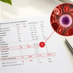 Wynik badania krwi wskazuje na limfocyty powyżej normy. Powiększony obraz pokazuje pojedynczy limfocyt wśród czerwonych krwinek.