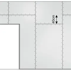 Schemat ściany z płyt g-k, pokazujący rozmieszczenie wkrętów. Widać otwór drzwiowy i wymiar 40cm.