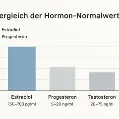 Wykres porównuje poziomy hormonów: estradiol (150-700 pg/ml), progesteron (5-20 ng/ml) i testosteron (20-75 ng/dl).