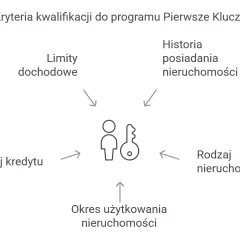 Kryteria kwalifikacji do programu Pierwsze Klucze: limity dochodowe, historia posiadania nieruchomości, rodzaj kredytu, rodzaj nieruchomości i okres użytkowania.
