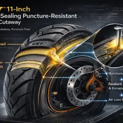 Coupe d'un pneu tubeless voiture CST 11 pouces auto-réparant. Un clou perce le pneu, le liquide scelle la crevaison.