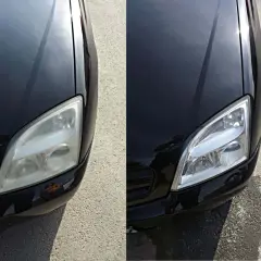 Efekt czyszczenia reflektorów: matowy klosz stał się przejrzysty, poprawiając wygląd i bezpieczeństwo auta.
