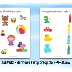Karty pracy dla dzieci: wycinanie po śladzie dużych zabawek i łączenie ich z kredkami. Miś, koń na biegunach, klocki i inne.