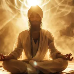 Mężczyzna w turbanie medytuje w pozycji lotosu, otoczony złotą poświatą i dymem, symbolizującym przebudzenie kundalini.