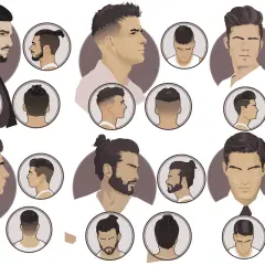 Ilustracja przedstawia różne męskie fryzury, w tym koki, podcięcia i klasyczne cięcia.
