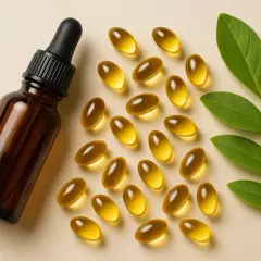 Frasco de vidrio ámbar con gotero y cápsulas doradas, ideales para el cuidado de la piel. Vitamina E para la piel.