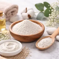Kaolin co to? Biała glinka w misce i na łyżce, obok kosmetyków i ręcznika.