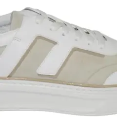 Sneakers uomo FABI bianche e beige in pelle e camoscio, con logo a H. Stile casual ed elegante.