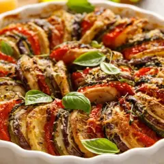Un délicieux tian de légumes, aux rondelles colorées de tomates, courgettes et aubergines, gratiné au fromage et garni de basilic frais.