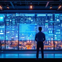 Un homme observe un écran futuriste affichant des schémas complexes et des données financières, symbolisant l'automatisation des processus robotisés (RPA) dans la finance.