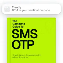 Un mensaje de texto muestra "Trendy 1234 es tu código de verificación". Debajo, la portada de un libro sobre SMS OTP.