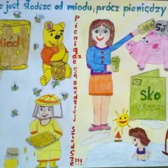 Przysłowia polskie rysunki: miód, pszczoły, Kubuś Puchatek i świnka skarbonka ilustrują powiedzenie "Nic nie jest słodsze od miodu, prócz pieniędzy".