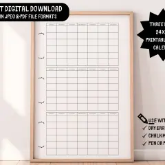 Calendario trimestral de pared imprimible, 24x36 pulgadas, ideal para planificar tus meses.