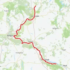 Mapa z zaznaczoną trasą rowerową wzdłuż Wisły, od Grudziądza przez Toruń do Włocławka. To fragment wiślanej trasy rowerowej Kujawsko-Pomorskie.